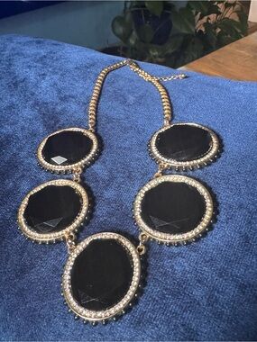 Gold-Tone Black Statement Necklace - Elegant Glazed Stone Collar
